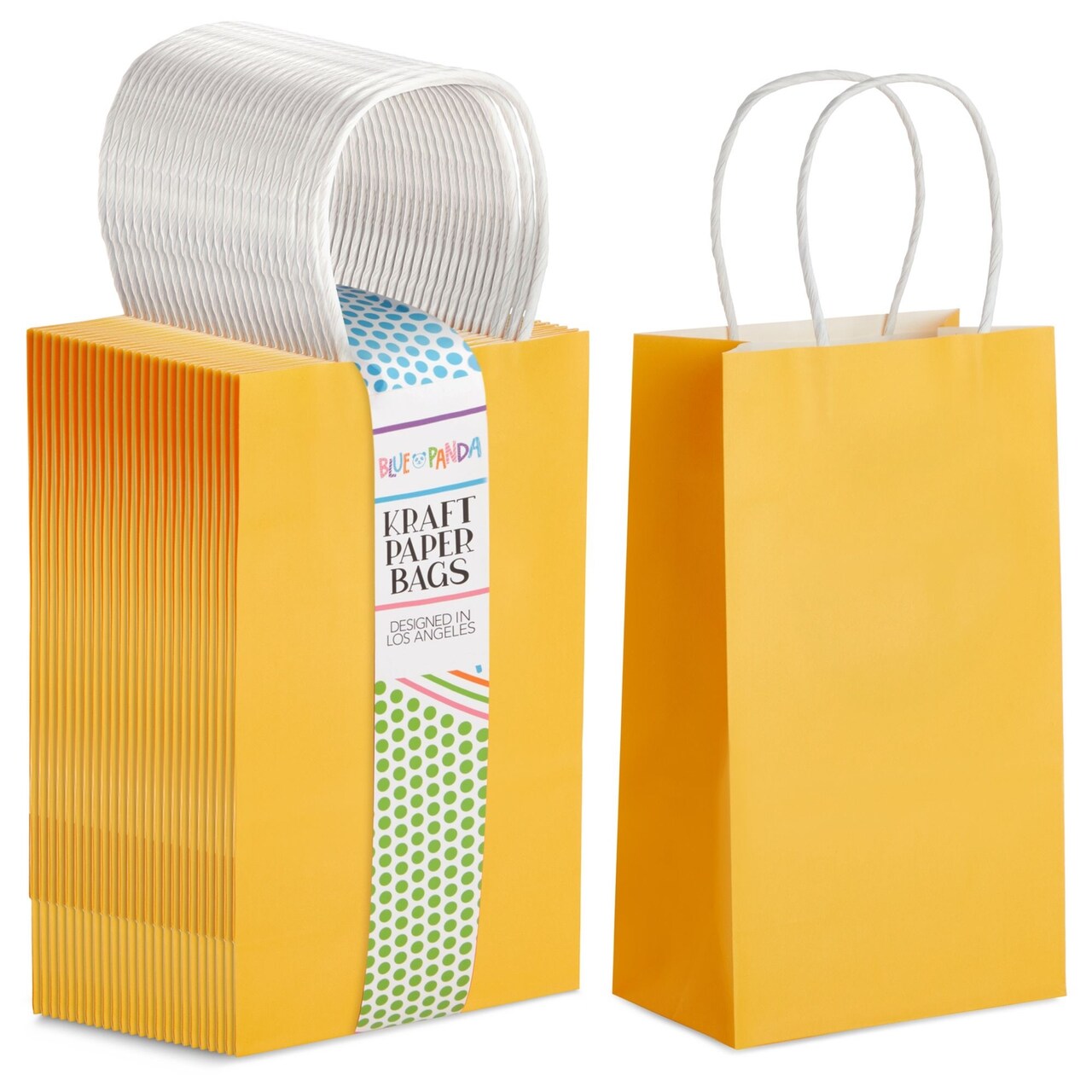 BLUE PANDA 25 Pack Yellow Paper Gift Bags with Handles for Birthday Party Favors (5x3x9 Inches)